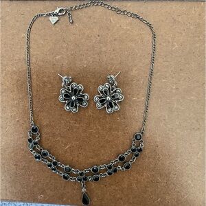 Cookie Lee Silver Tone Necklace With Dark Stones and Coordinated Earrings